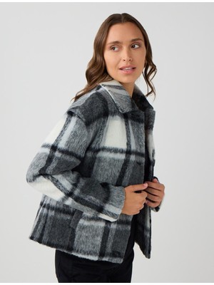 Jimmy Key Siyah Uzun Kollu Ceket Yaka Desenli Kaşe Mont