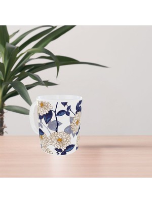 Uçan Kupa Modern Mavi Beyaz Çiçek Desenli Tasarım Kupa