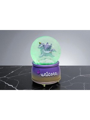 Tek Boynuzlı At Tasarımlı Işıklı Müzikli Kar Küresi – Mor Kanatlı Vip Özel Üretim