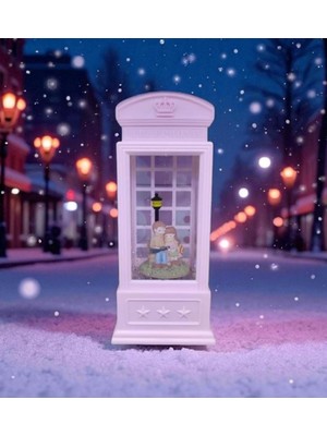 Beyaz Telefon Kulübesi Tasarımlı Işıklı Kar Küresi – Çocuk Figürlü Romantik Dekor Yılbaşı Konsept