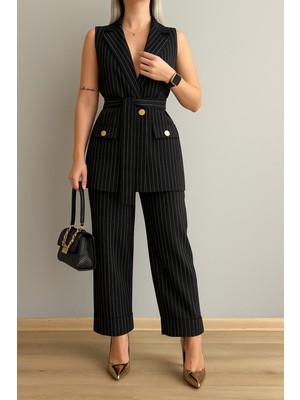 Çizgili Krep Kumaş Ikili Takım Kuşak Kemerli Yelek ve Beli Lastikli Bol Paça Rahat Kesim Pantolon
