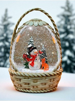 Sepet Tasarımlı Noel Baba ve Kardan Adamlı Işıklı Müzikli Kar Küresi Vip Hediyelik