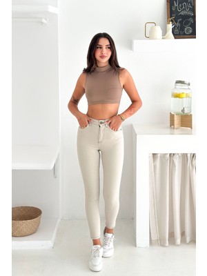 Hlt Jeans Kadın Taş Renk Süper Skinny Fit Koyu İplik Detaylı Esnek Likralı Yüksek Bel Jean Kot Pan JENNİE-2008