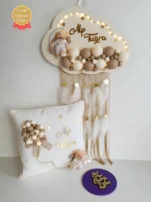 Bubble Ledli Bulut Bebek Kapı Süsü ve Yastık Krem Kahve