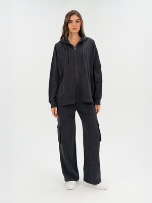 Everlast Kadın Antrasit Kapüşonlu Full Zip Sweatshirt Düz Desenli Rahat Kesim