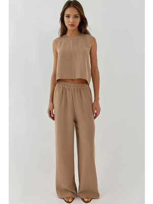 Hiccup Kadın Keten Görünümlü Bluz & Beli Lastikli Pantolon İkili Takım Bej Doğal