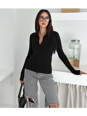 Yakalı Gizli Fermuar Detaylı Uzun Kollu Crop T-Shirt