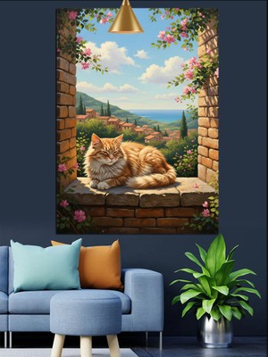 Taş Duvar ve Kedi Dekoratif Kanvas - Mdf Ahşap Tablo