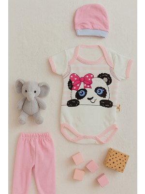 3 Lü Set %100 Pamuk 3-6 / 6-9 / 9-12 Ay Kız Pembe Pandalı Zıbınlı Takım