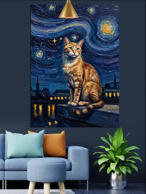 Yıldızlı Gece Kedi Dekoratif Kanvas - Mdf Ahşap Tablo