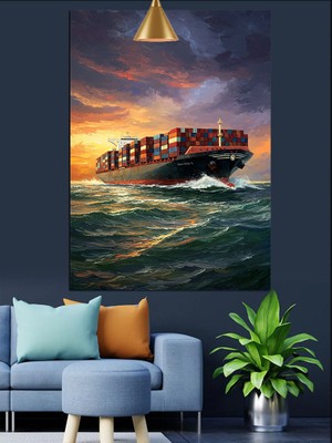 Denizde Kargo Gemisi Dekoratif Kanvas - Mdf Ahşap Tablo