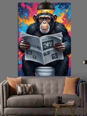 Tuvalette Gazete Okuyan Maymun Dekoratif Kanvas - Mdf Ahşap Tablo