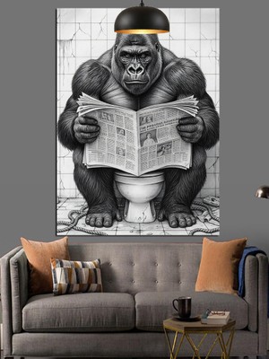 Tuvalette Goril ve Gazete Dekoratif Kanvas - Mdf Ahşap Tablo