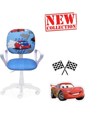Çocuk Odası Ders Çalışma Ofis Koltuğu Öğrenci Sandalyesi Araba Desen Beyaz Tekerli Yükseklik Ayarı
