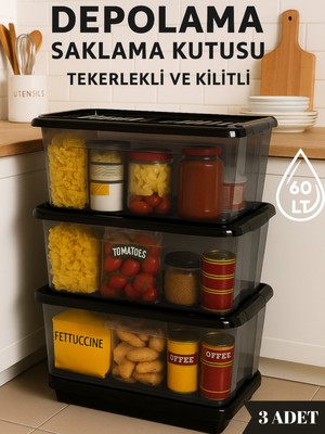 60 Lt Tekerlekli ve Kilitli Saklama Kutusu 3'lü Set Gıda Temasına Uygun Antrasit Depolama Kutusu