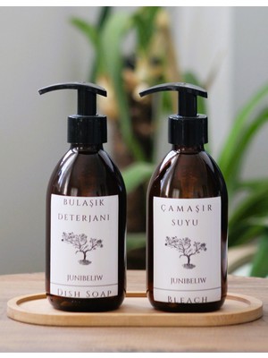 3lü Set Beyaz Etiket Boş Amber Cam Şişe Bulaşık Deterjanlık Çamaşır Suyu 2X250ML Ahşap Altlık