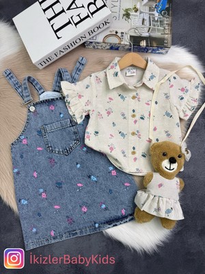 Kız Çocuk Kot Jile Elbise Gömlekli ve Ayıcık Çantalı Takım