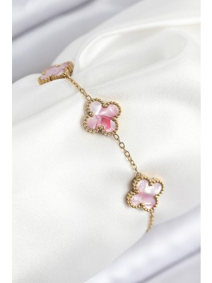 316L Çelik Sedefli Pembe Gold Renk Yonca Kadın Bileklik