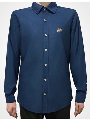 Cococan8 Erkek  Lacivert Kadife Örme Gömlek Nakışlı Uzun Kol Yumuşak Dokulu