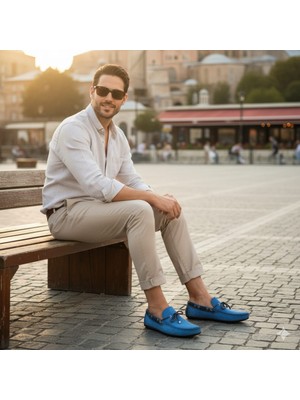 Loafer Mavi Hakiki Deri Süet Yüzey Erkek Yazlık Trend Ayakkabı