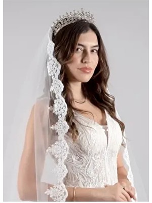 Paris in Paris Uzun Gelinlik Duvağı 220 cm Fransız Dantelli Ipek Tül Nikah ve Gelin Duvağı