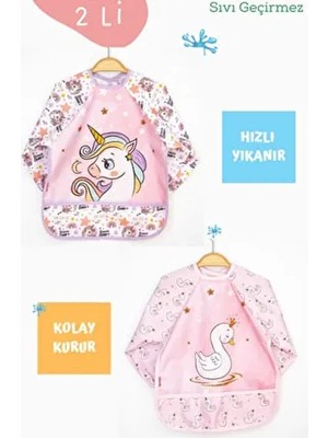 Bamoola 2'li Uzun Kollu Bebek Mama Önlüğü Çok Renkli Unicorn ve Kuğu Desenli Standart Beden