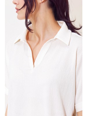 Hiccup Kadın BDART Dokulu Polo Yaka Bluz Beyaz