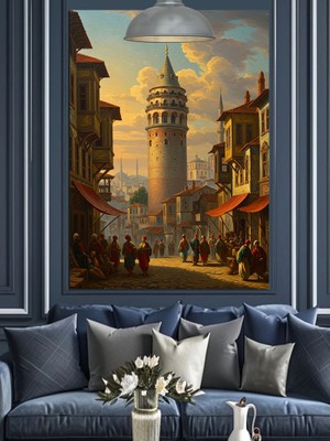 Artmeg Tarihi Galata Kulesi ve Sokak Dekoratif Kanvas - Mdf Ahşap Tablo