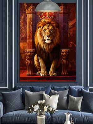 Artmeg Tahtta Aslan Kral Dekoratif Kanvas - Mdf Ahşap Tablo