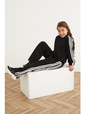 Şeritli Kapüşonlu Beli Lastikli Kız Çocuk Eşofman Takımı
