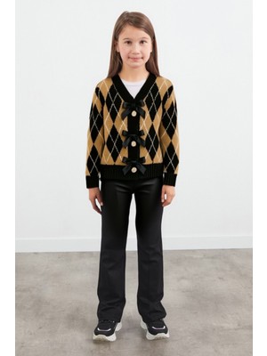 Baklava Desenli Fiyonklu Düğmeli Kız Çocuk Hırka