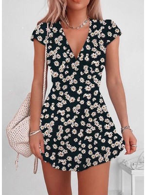 Arben Boutique Kadın Kısa Kollu Kruvaze Yaka Papatya Baskılı Krep Elbise