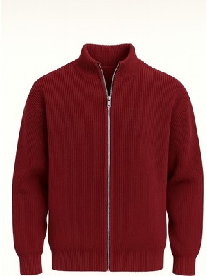 Woody Oversize Selanik Örme Fermuarlı Erkek Hırka- Bordo