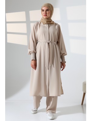 Kadın Keten Hac ve Umre Kıyafeti Kemerli Tesettür Ikili Takım - Krem