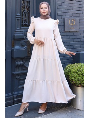 Omuzu Fırfırlı Ayrobin Tesettür Elbise Bej HM2062
