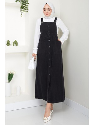 Düğmeli Kot Salopet Elbise Siyah HM22456