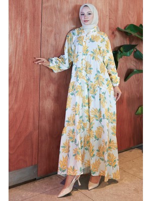 Çiçekli Baskılı Yazlık Elbise Beyaz HM2795