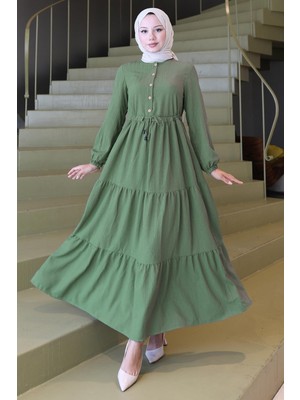 Elisa Büzgülü Düğmeli Elbise Haki HM2805