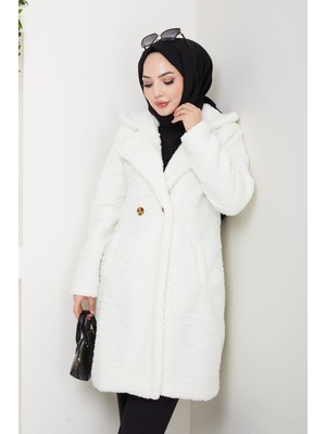Harma Time Butik Kadın Kürk Kumaş Astarlı Düğmeli Beyaz Kaban
