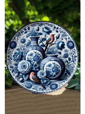 Kuş ve Çiçek Desenli Mavi-Beyaz Uv Baskı Mdf Duvar Süsü – 33X33 cm & 20X20 cm DT219