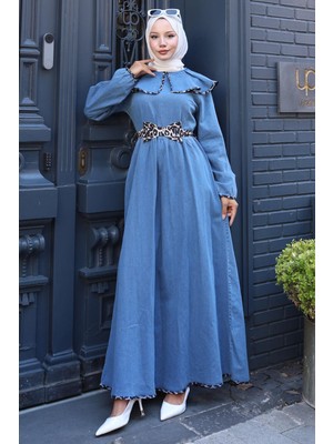 Leopar Biyeli Bebe Yaka Kot Elbise HM2774 Mavi