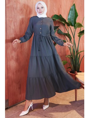 Elisa Büzgülü Düğmeli Elbise Füme HM2805