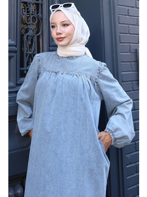 Kar Yıkamalı Robalı Kot Elbise HM2775 Açık Mavi