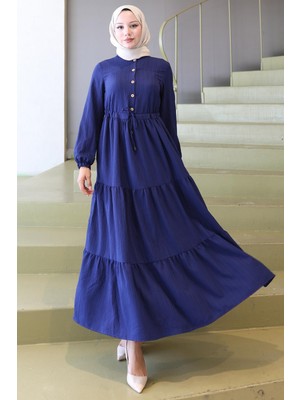 Elisa Büzgülü Düğmeli Elbise Lacivert HM2805