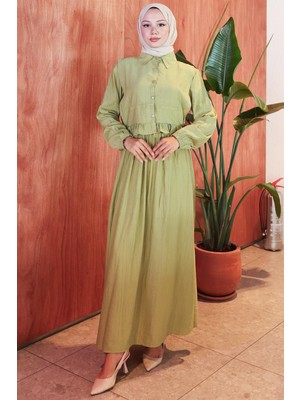 Bolerolu Fırfırlı Beli Lastikli Elbise Yağ Yeşili HM2804