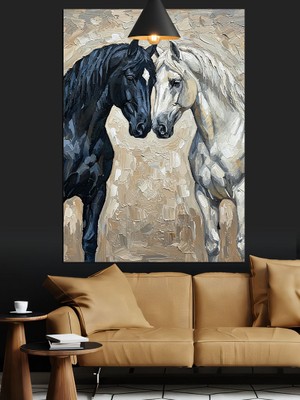Siyah Beyaz Atlar Dekoratif Kanvas - Mdf Ahşap Tablo