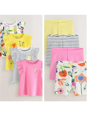 Pamuklu Pembe Sarı Çiçek Desenli Kısa Kollu Şortlu 4'lü Alt Üst Takım