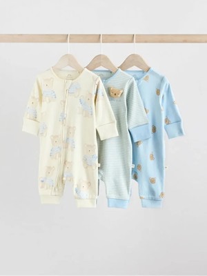 %100 Pamuklu Krem Mavi Ayıcık Desenli 3'lü Tulum Set