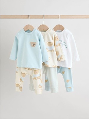 Pamuklu Mavi Ayı Desenli Uzun Kollu 3'lü Alt Üst Takım