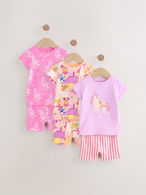 Pamuklu Pembe Unicorn Desenli Kısa Kollu 3'lü Alt Üst Takım